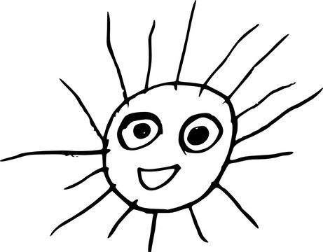 Funny and happy childerens style drawing in black ink. Sun with happy face