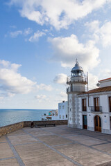 Views of the lighthouse in the resort town of Peñiscola, Castellon, Spain. October 2017.
