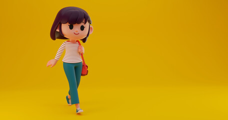 3D render illustration of short hair cute girl, teenager walking and carrying bag with space for text