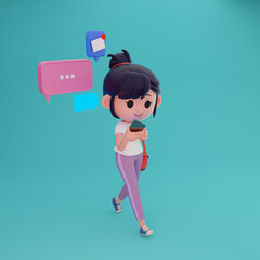 3D render illustration of cute teenager girl walking and using smartphone, chatting, on messenger application