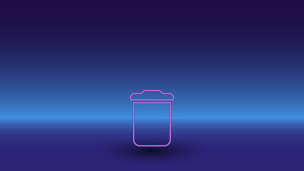 Neon trash symbol on a gradient blue background. The isolated symbol is located in the bottom center. Gradient blue with light blue skyline