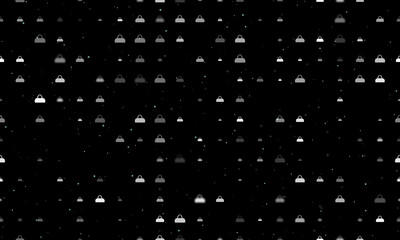 Seamless background pattern of evenly spaced white sports bag symbols of different sizes and opacity. Vector illustration on black background with stars