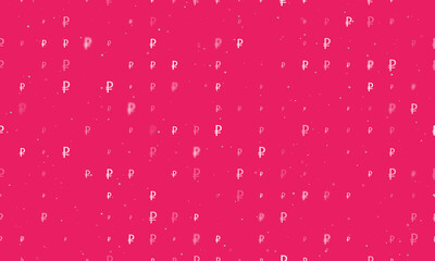 Seamless background pattern of evenly spaced white ruble symbols of different sizes and opacity. Vector illustration on pink background with stars