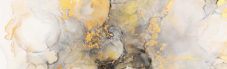 art photography of abstract fluid art painting with alcohol ink, black, gray and gold colors