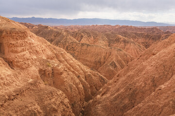 Rugged badlands landscape and terrain of Charyn Canyon National Park in the Almaty Province of Kazakhstan.