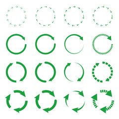 Green arrow icon set on white background. Recycle symbol. Circular arrow. Vector