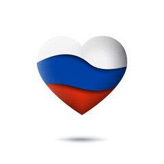 Russia flag icon in the shape of heart. Waving in the wind. Abstract waving flag of russia. Russian tricolor. Paper cut style. Vector symbol, icon, button