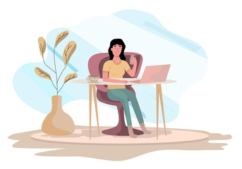 Woman with phone and laptop at home. Flat design illustration. Vector