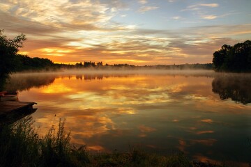Golden sunrise on sky and in pond in summer morrning, Zizpasky pond.