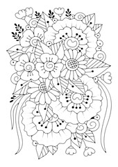 Coloring page for children and adults. Vector illustration with abstract flowers. Black-white background for coloring, printing on fabric or paper.