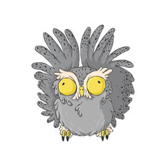 Cute crazy owl. Cartoon hand drawn clip art. Surprised night owl in child style.
