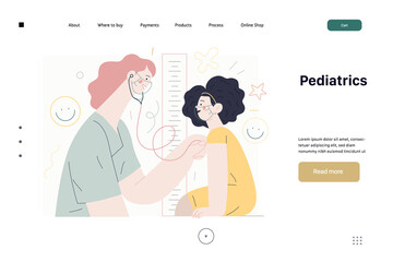 Pediatrics - medical insurance -modern flat vector concept digital illustration - female pediatrician carrying out the auscultation of a little girl with a stethoscope, medical office or laboratory