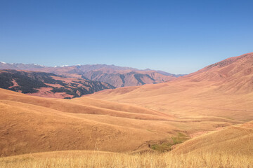 Sweeping vista landscape of the Assy Plateau, a large mountain steppe valley and summer pasture 100km from Almaty, Kazakhstan.