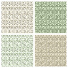 Set of square seamless patterns with classic floral designs. Abstract flowers, leaves, curls, lines. Light brown, gold, beige, green colors. An endlessly repeating texture for wallpapers, backgrounds.