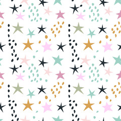 Seamless background with colorful hand drawn stars and dots. Abstract background in boho style. Great for fabrics, textiles, apparel. Vector illustration