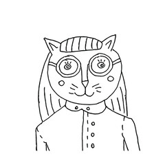 Coloring black and white. Curved sketch. A cat with a smile.