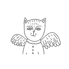 Coloring black and white. Curved sketch. A cat with a smile.