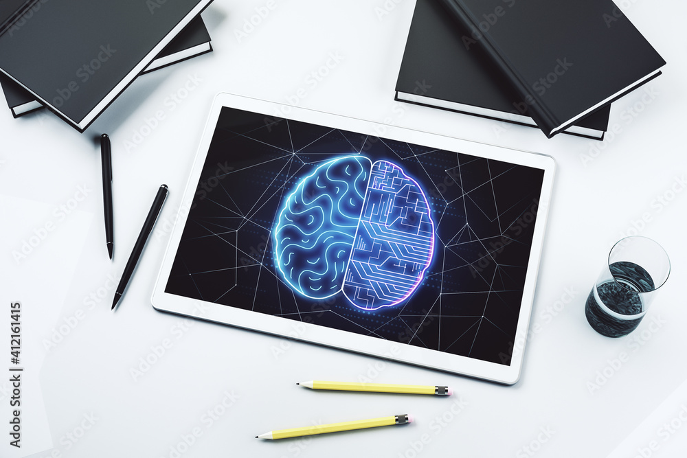 Poster creative artificial intelligence concept with human brain sketch on modern digital tablet display. t