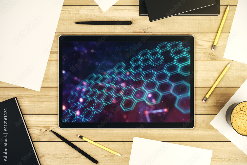 Poster creative abstract technology sketch with hexagon grid on modern digital tablet screen, future techno