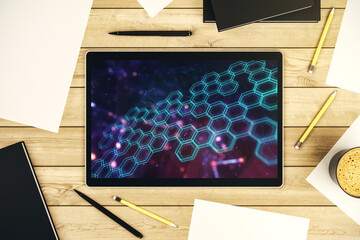 Creative abstract technology sketch with hexagon grid on modern digital tablet screen, future technology and AI concept. Top view. 3D Rendering