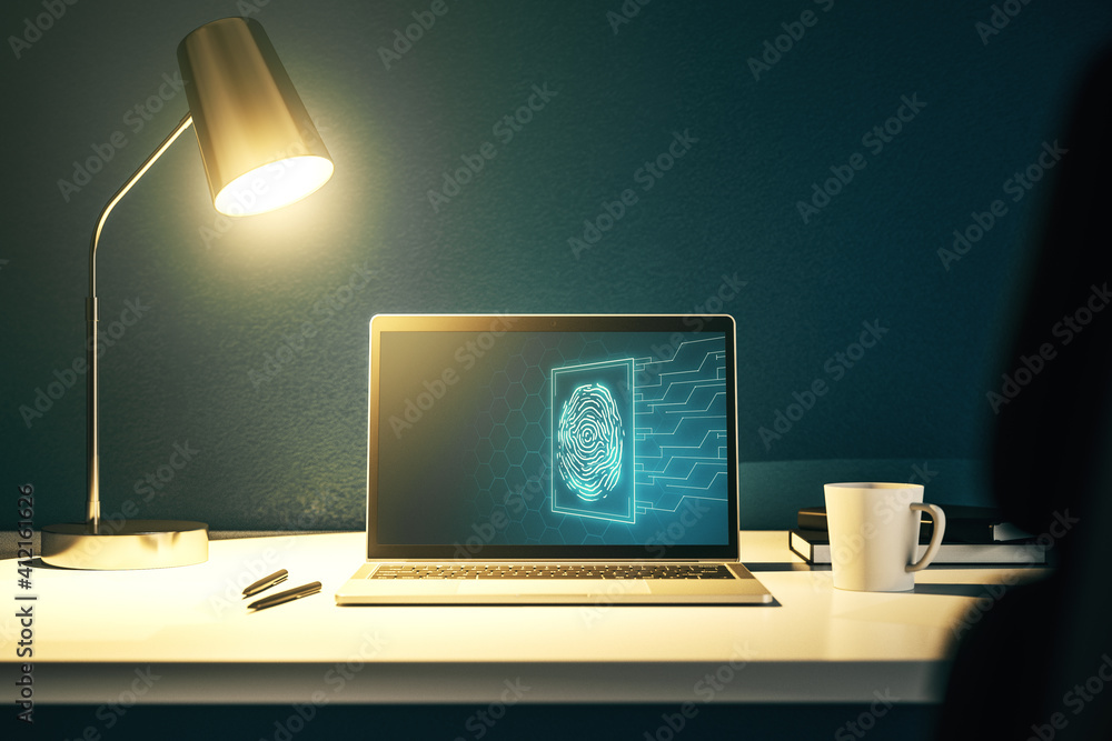 Poster computer monitor with abstract fingerprint scan interface, digital access concept. 3d rendering