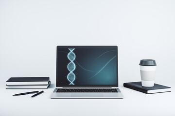 Creative DNA sketch on modern laptop monitor, biotechnology and genetic concept. 3D Rendering