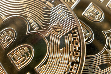 Close up of metal shiny bitcoin crypto currency.