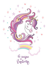 Naklejka na ściany i meble Cute cartoon unicorn vector illustration poster white
