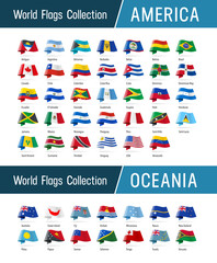 Flags of America and Oceania, waving in the wind. Icons pointing location, origin, language. Vector world flags collection.