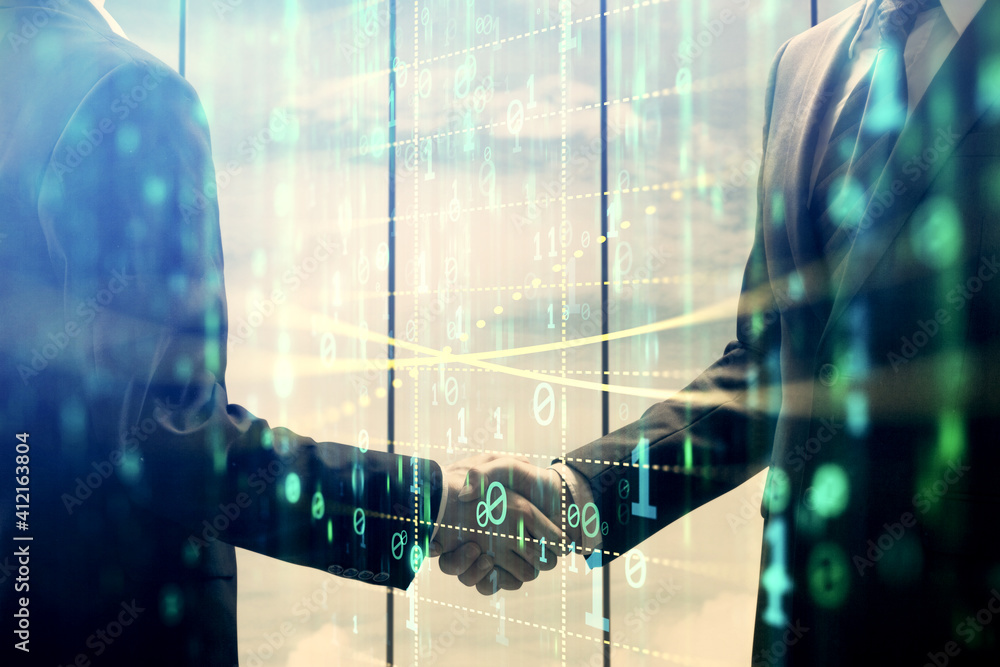 Poster double exposure of data theme hologram and handshake of two men. partnership in it industry concept.