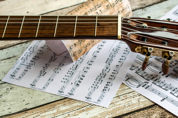 guitar, guitar and music, guitar and music sheet, instrument, guitar and music notes