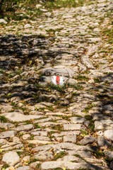 Red and white hiking trail mark on a stone in a hiking path in Switzerland