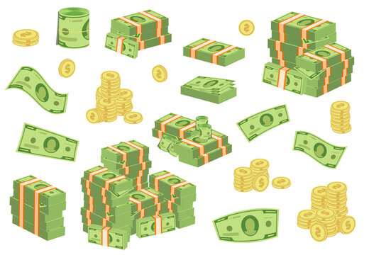 Cartoon money bills. Green dollar banknotes cash vector icons. pile of dollars and banknote heap abundance bundle. Cash bill green investment moneys piles for commercial banking