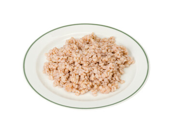Porridge, boiled pearl barley on plate on white background