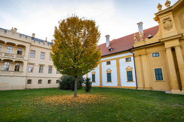 Green gardens in Lednice castle Chateau yard in Moravia, Czech Republic. UNESCO World Heritage Site.