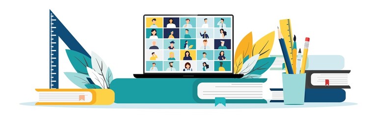 Home education concept. People study at home using a computer. Remote working. Video conference on laptop computer. Work from home and work from anywhere conceptVector illustration