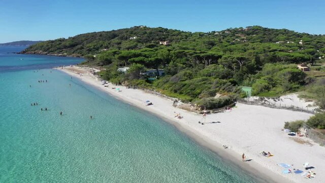Var department, Saint Tropez, Aerial view of Salins beach (plage des Salins), a beach located on French Riviera