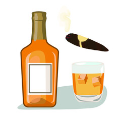 A bottle of whiskey,a glass of whiskey with ice, a  cigar with smoke. Isolated drawing, vector graphics. Postcard, banner, poster, brochure.