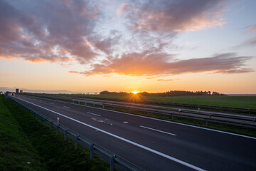 Sunrise over the highway in Poland
