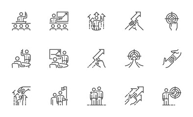Set of Vector Line Icons Related to Coaching. Business Training, Mentoring, Motivation. Coach, Leader. Editable Stroke. Pixel Perfect.