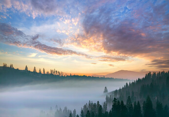 Sunset landscape of high mountain peaks and foggy valley with pine trees under vibrant colorful evening sky.