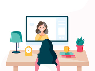 Young woman doing a video conference with a colleague in computer. Online meeting via group call.Online education concept in quarantine.Flat vector illustration. Stay home concept.
