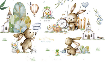 Hand drawn watercolor happy easter set with bunnies design. Rabbit isolated farm illustration on white. Cute baby bunny rabbit illustration for design - 412167079