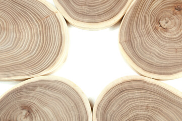 five pieces of wood slices on a white background, background