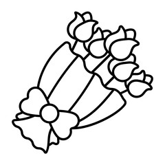 Red Rose Flower Bouquet with Bow Vector line Icon Concept, Love and romance symbol on white background, Valentines day Sign, Wedding Day Present Stock