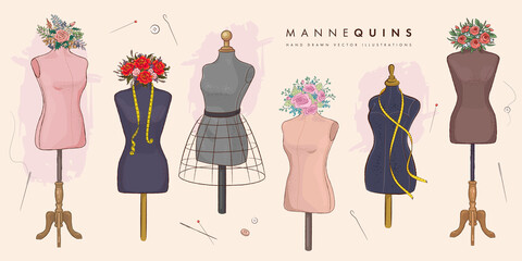 Set of hand drawn mannequins and flowers. Fashion illustration