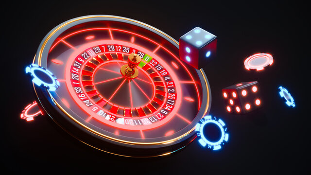 Casino neon background with roulette and poker chips falling 3d rendering