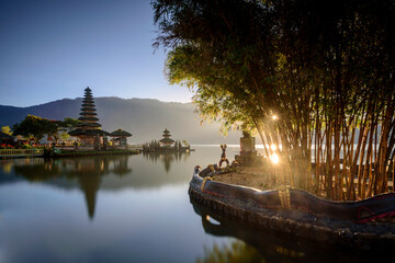 The warmth morning light at Pura Ulun Danu Bratan in the sunrise time, Famous Hindu temple and tourist attraction in Bali, Indonesia.