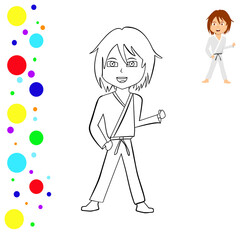 Coloring and colored image of a karate guy. Coloring page person. Can be used for print, magazine, poster. Vector illustration.