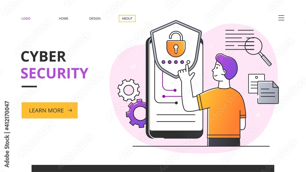 Poster cyber security abstract concept. flat cartoon vector illustration. website, web page, landing page t